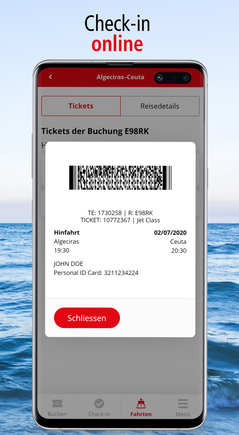 screenshot online check-in Algecircas to Ceuta