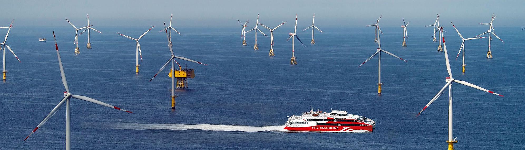 Der "Halunder Jet" fährt durch einen Offshore-Windpark.