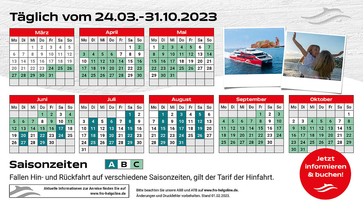 Kalender mit den Abfahrtstagen und den Saisonzeiten.
