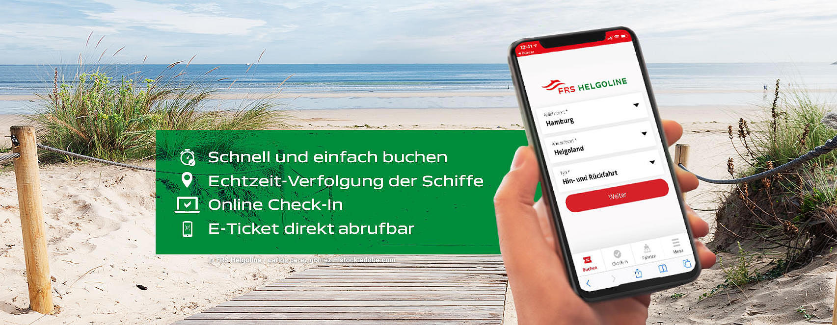 Ein Smartphone mit der Buchungsapp offen, daneben befinden sich informationen zum Buchen über die App, im Hintergrund sieht man einen Strand.